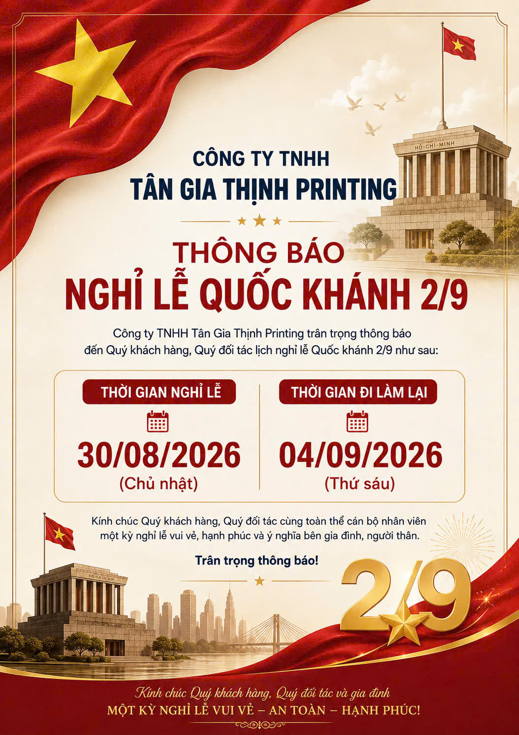 Thông Báo Nghỉ Lễ Quốc Khánh Năm 2026
